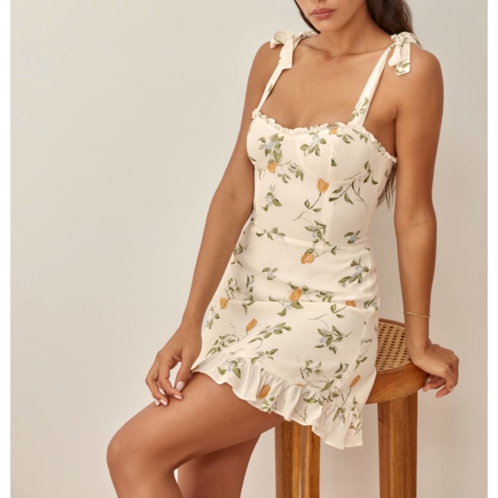 Reformation Cream Floral Tie-Shoulder Mini Dress - Size 0 or 00